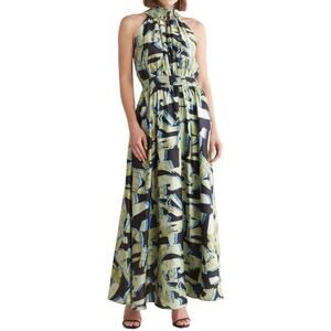 Melloday Green Blue Black Satin Abstract High Neck Maxi Dress size L NEW Tags